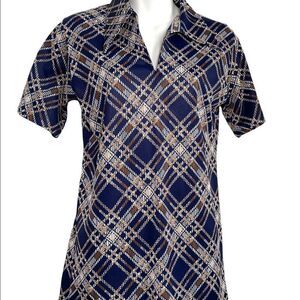 Vintage 1970s Plaid Wing Tip Collar Plaid Short Sleeve Women’s Shirt Small Blue